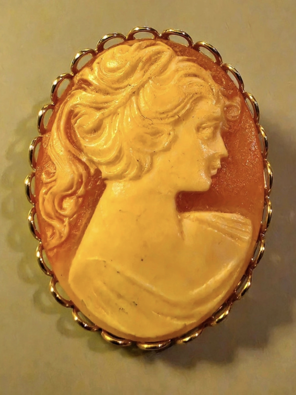 Oval Gold-Tone Cameo Lady Portrait Brooch Pin Ivory And Coral Color